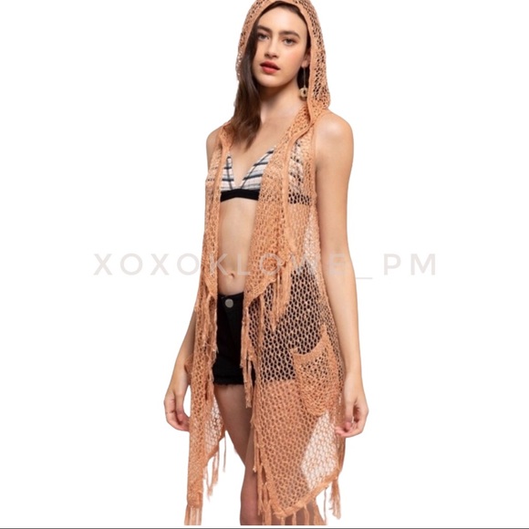 POL Peach Sparkle Fisherman Knit Hooded Fringe Vest - Picture 4 of 7